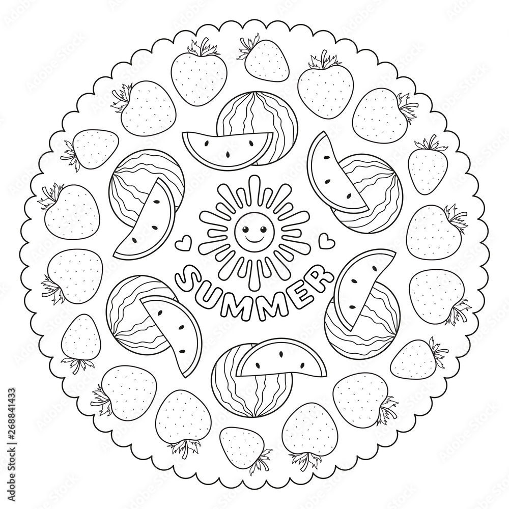 Coloring page mandala for kids with summer strawberries and watermelon vector illustration vector