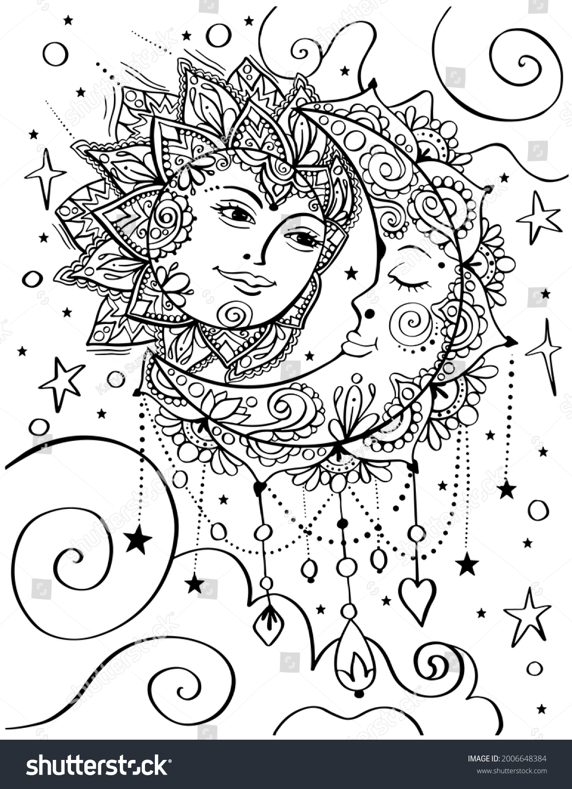 Sun moon bohemian style adult coloring stock illustration