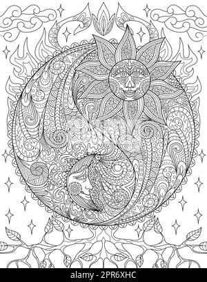 Coloring page with symbol moon sun owl coloring book for adult antistress album wall mural art tattoo black and white outline illustration stock photo