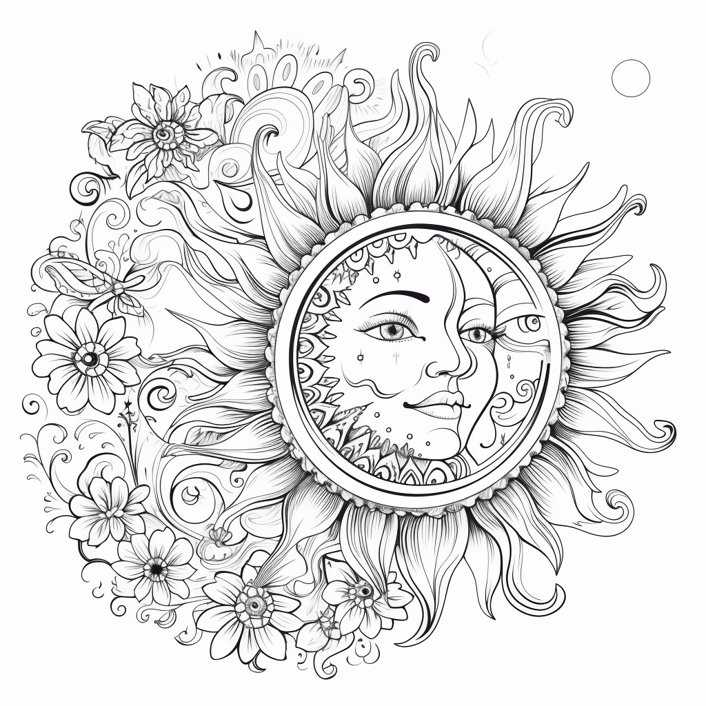 Bohemian sun and moon coloring pages for adults