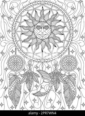Coloring page with symbol moon sun owl coloring book for adult antistress album wall mural art tattoo black and white outline illustration stock photo