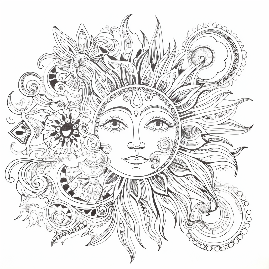 Bohemian sun and moon coloring pages for adults