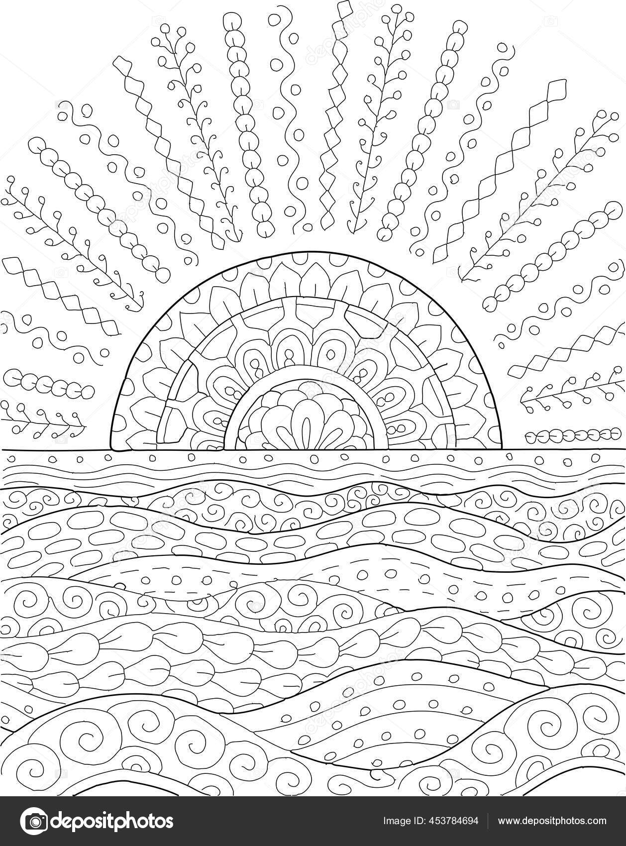 Hand drawing coloring page kids adults wild nature sun meadow stock vector by christinadesigns