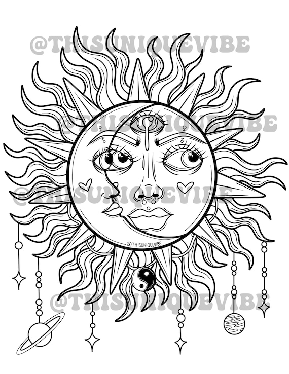 Sun and moon goddess coloring page printable adult coloring page coloring book trippy coloring page trippy art hippie coloring page instant download