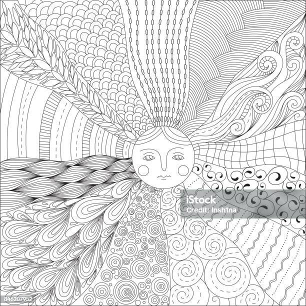 Coloring page for adults with the sun stock illustration