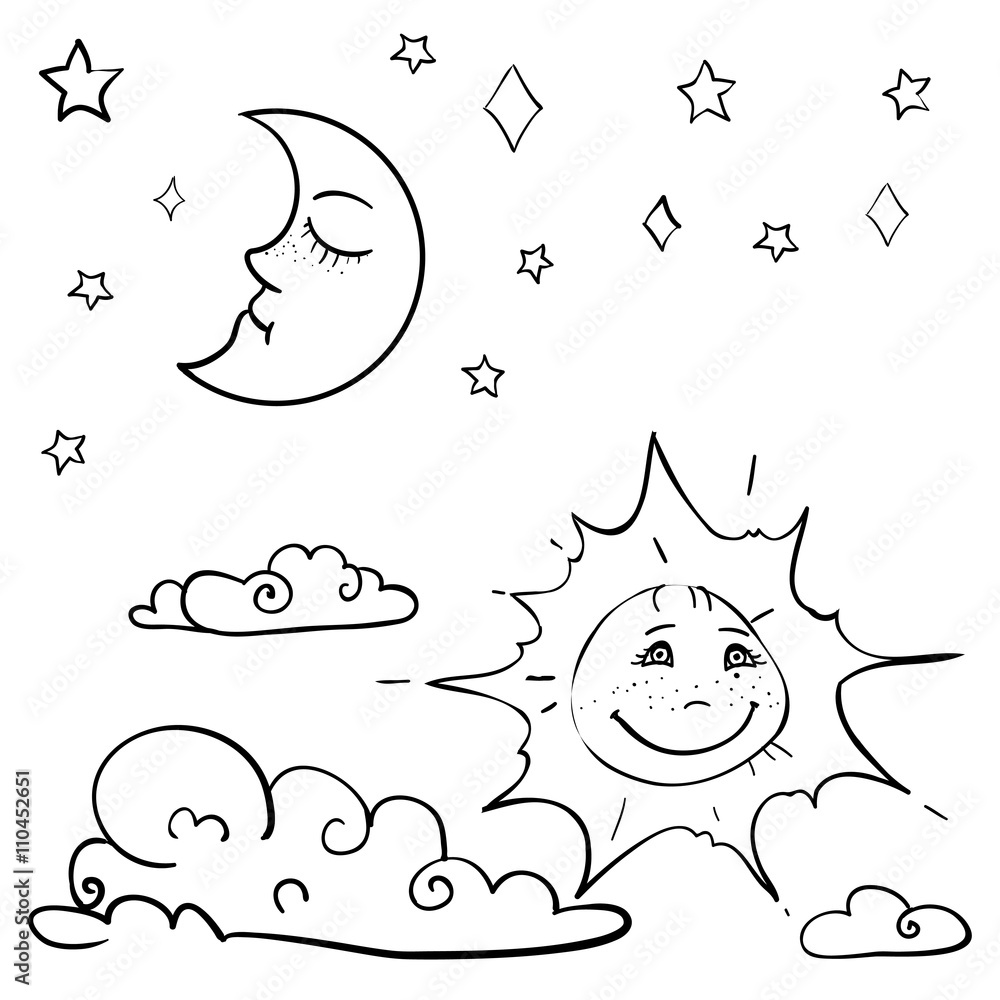 Hand drawn vector childrens coloring book with moon sun cloud stars vector eps vector