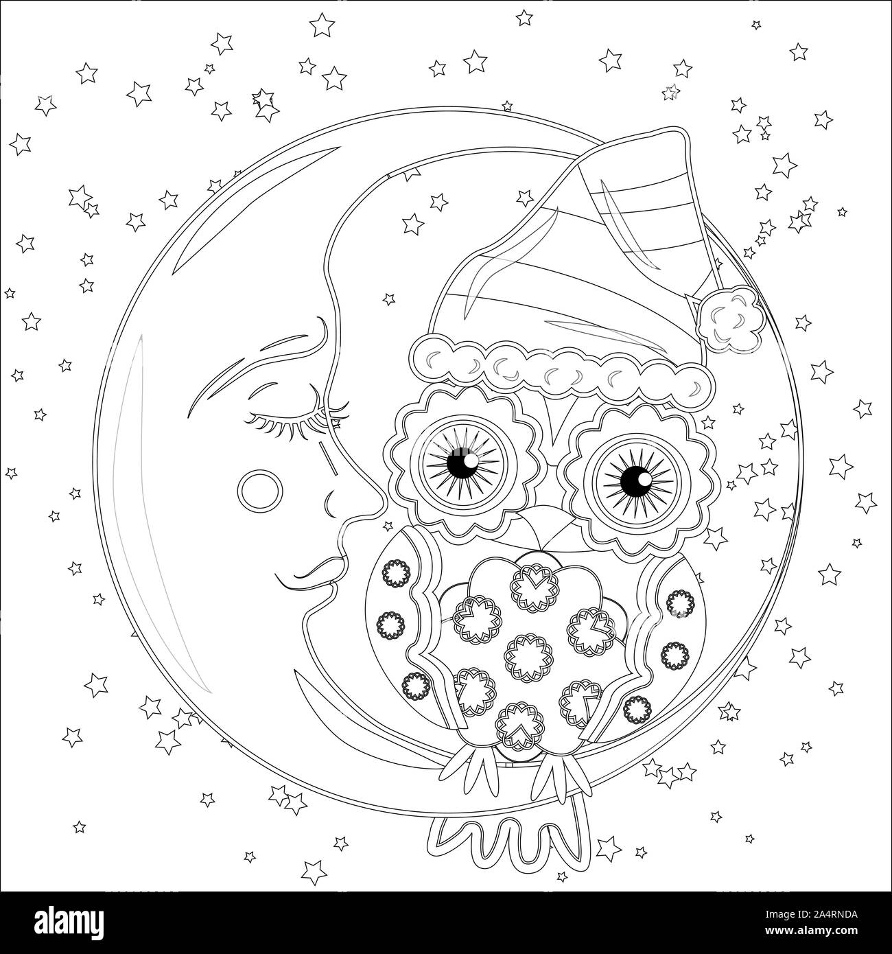 Coloring book for adult and older children coloring page with an owl on the moon among the stars stock photo