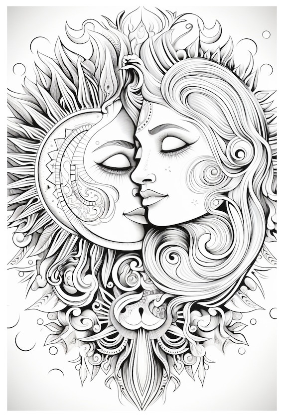 Sun moon stars coloring book for adults mindfulness inspirational coloring book printable adult coloring pages grayscale download p