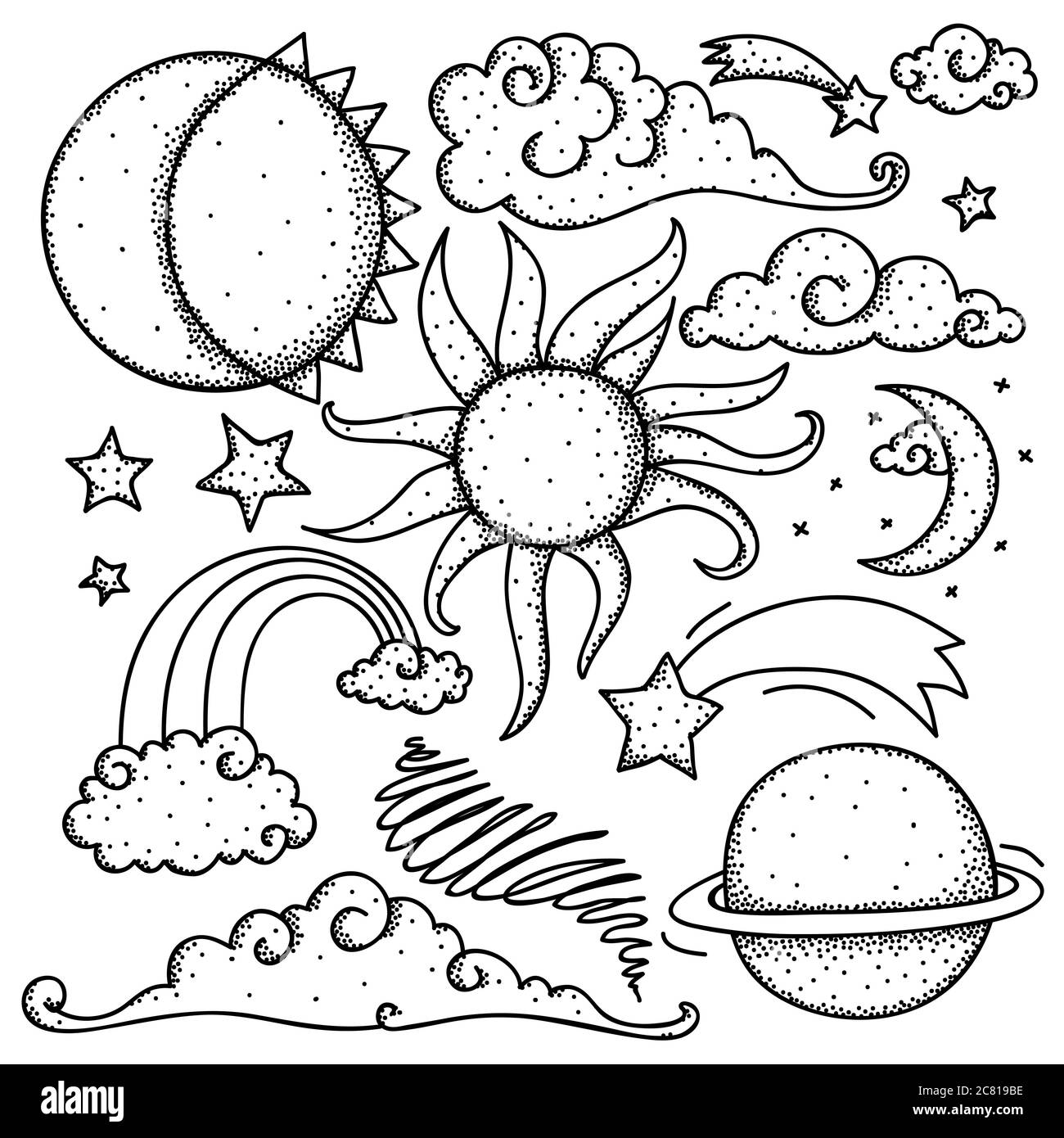 Collection of celestial elements sun moon stars rainbow and clouds stock photo