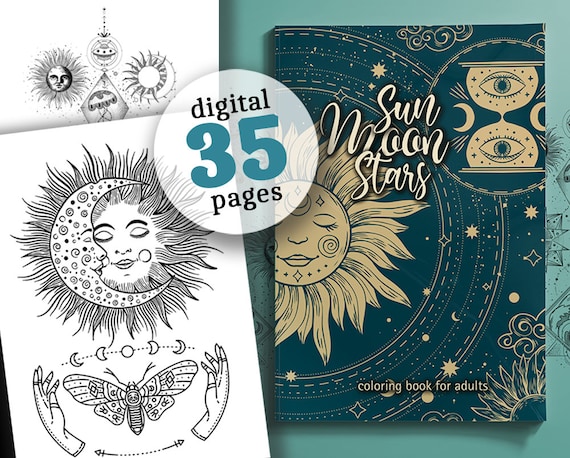 Sun moon stars coloring book for adults mindfulness inspirational coloring book printable adult coloring pages grayscale download p instant download