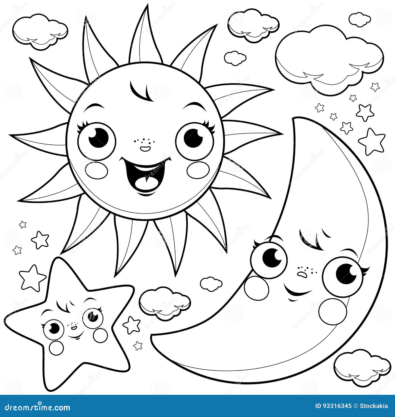 Sun moon and stars vector black and white coloring page stock vector