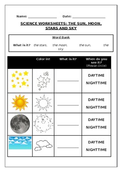 Science worksheets the sun the moon the stars and the sky made by teachers