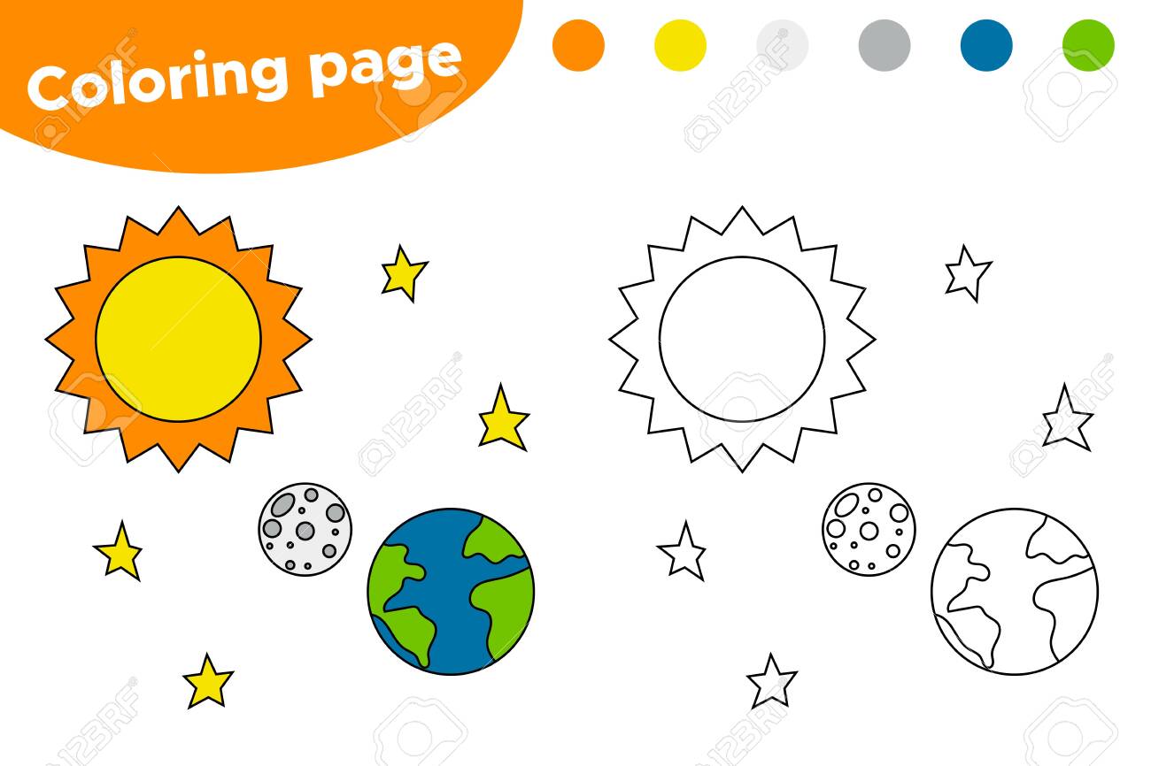 Printable coloring page with solar system cartoon sun earth and moon educational game for preschool kids space day vector illustration royalty free svg cliparts vectors and stock illustration image