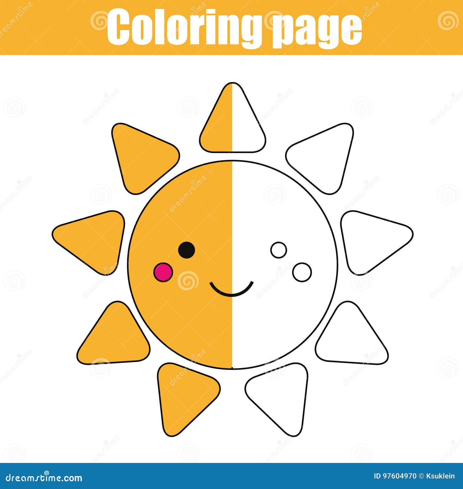 Coloring page with cute sun character educational game printable drawing kids activity stock vector