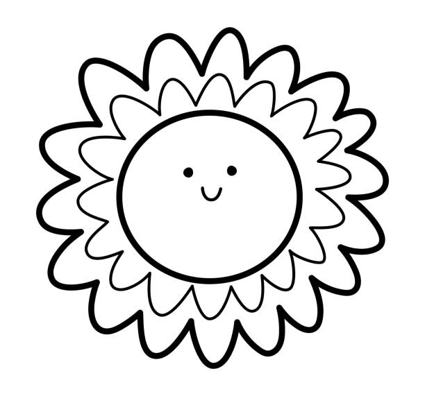 Cute black and white smiling kawaii sun icon vector childish outline illustration line planet picture or coloring page isolated on white background stock illustration