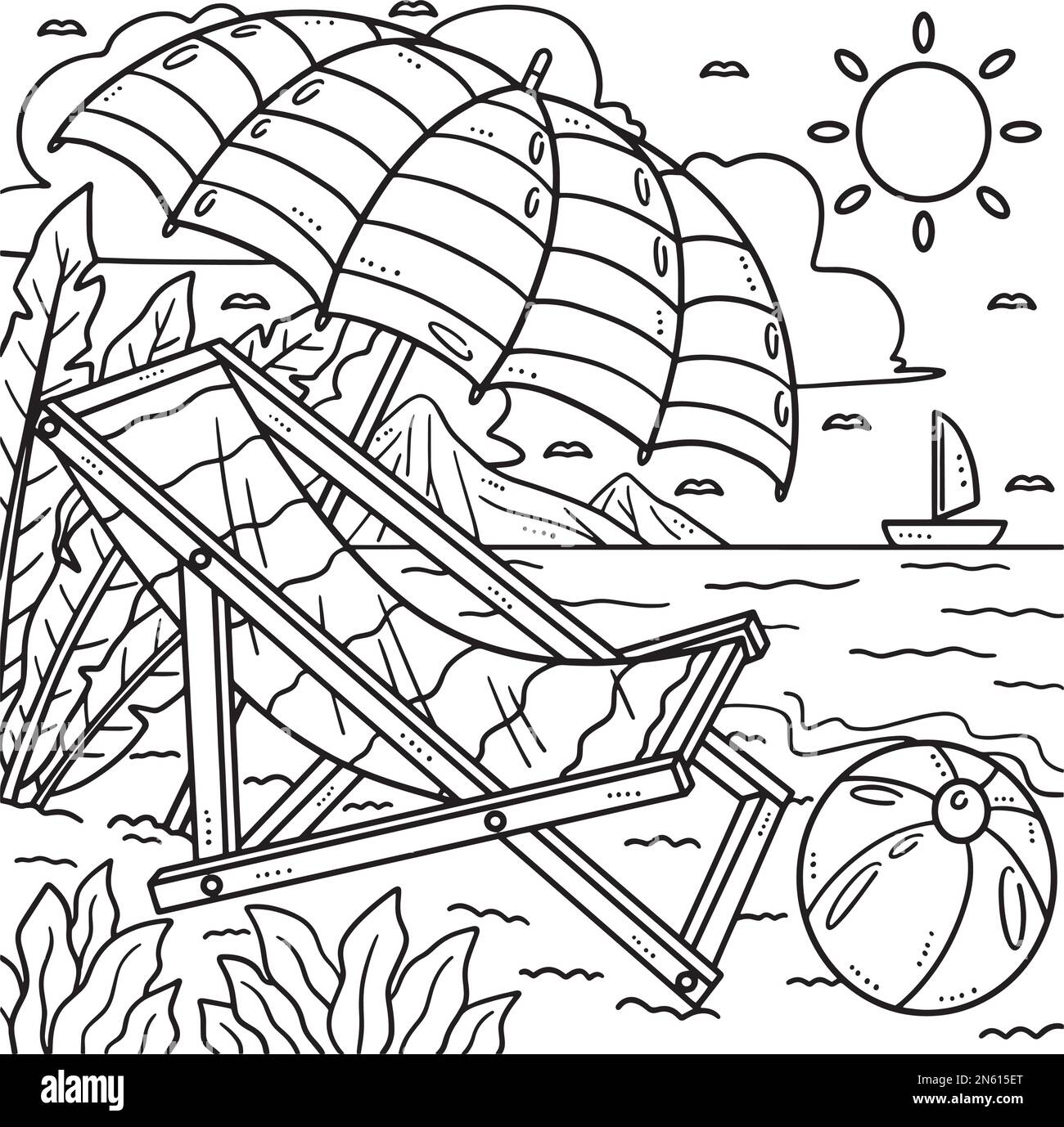 Summer sun lounger and sunshade coloring page stock vector image art