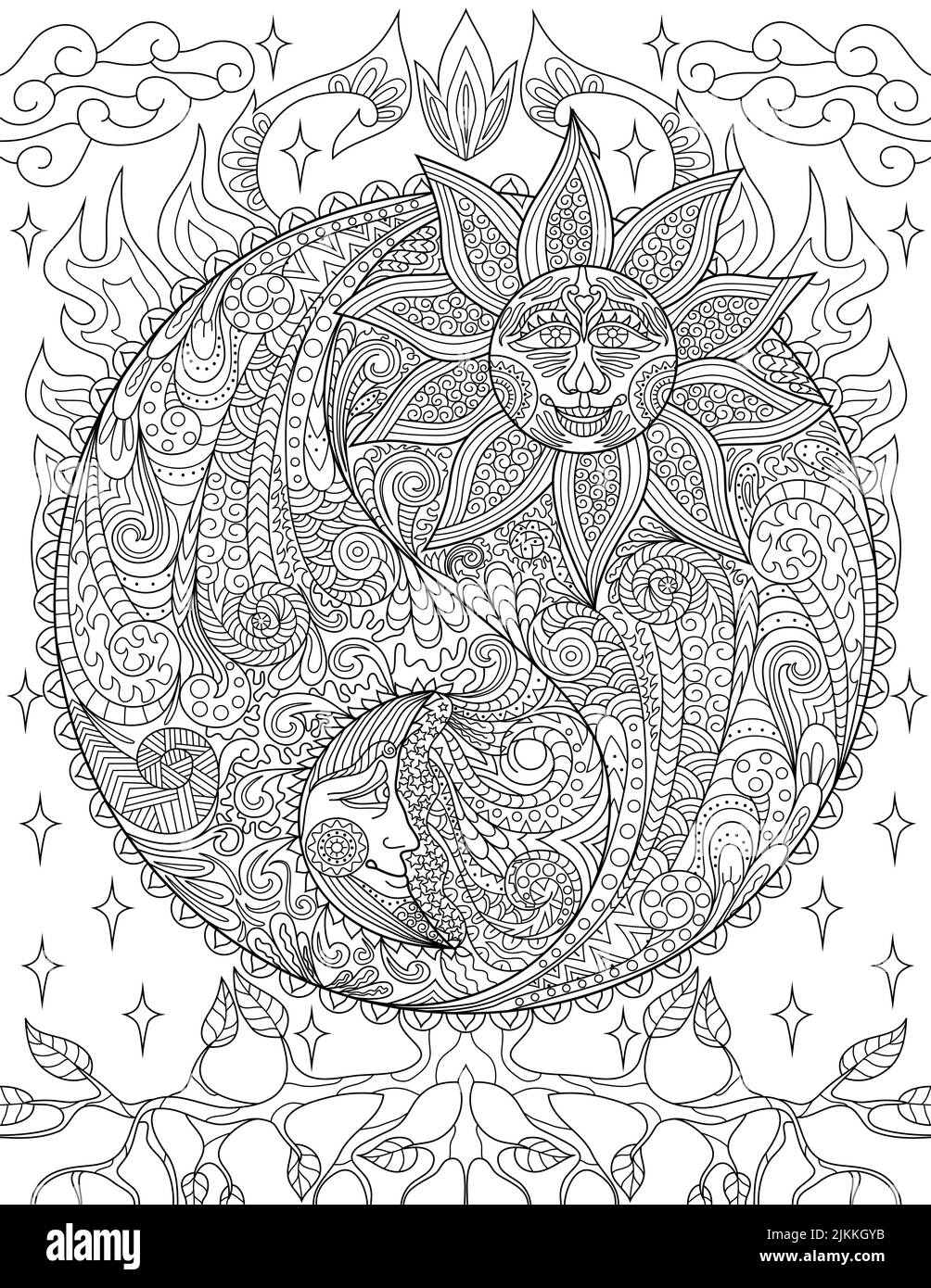 Coloring book page with yin yang symbols with sun on one side and moon on other sheet to be colored with sign presenting day and night with leaves in stock vector image