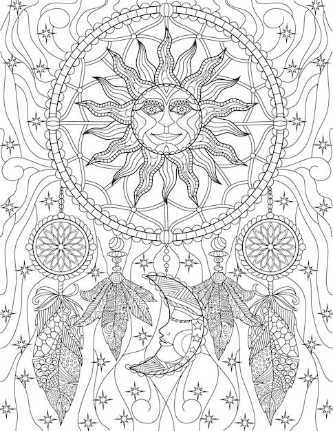 Premium vector coloring book page with dreamcatcher with sun and moon details sheet to be colored with handmade willow hoop with hanging feathers and glowing background