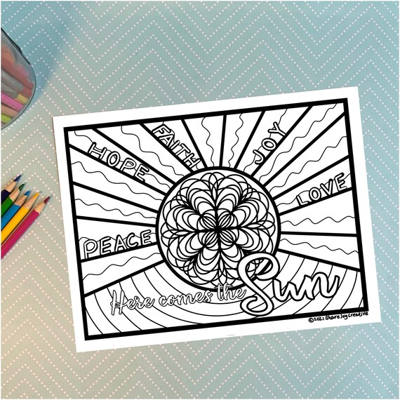 Here es the sun coloring page digital download printable coloring page printable adult coloring page