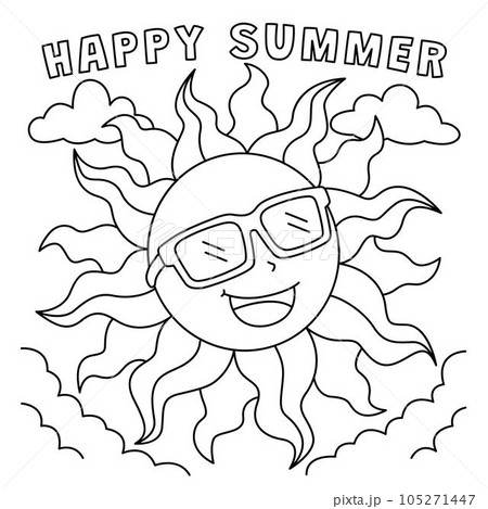 Sun with happy summer coloring page for kids