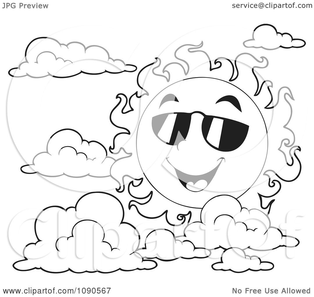 Clipart coloring page outline of a happy summer sun with shades and clouds