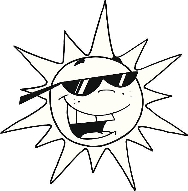 Black and white happy sun with sunglasses stock illustration
