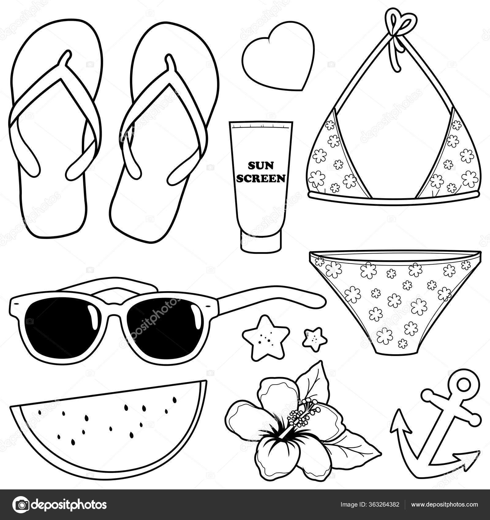 Beach summer vacation design elements black white coloring page stock vector by stockakia