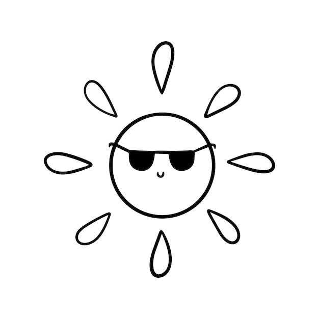 Premium vector sun with sunglasses smiling bright star doodle linear cartoon coloring book