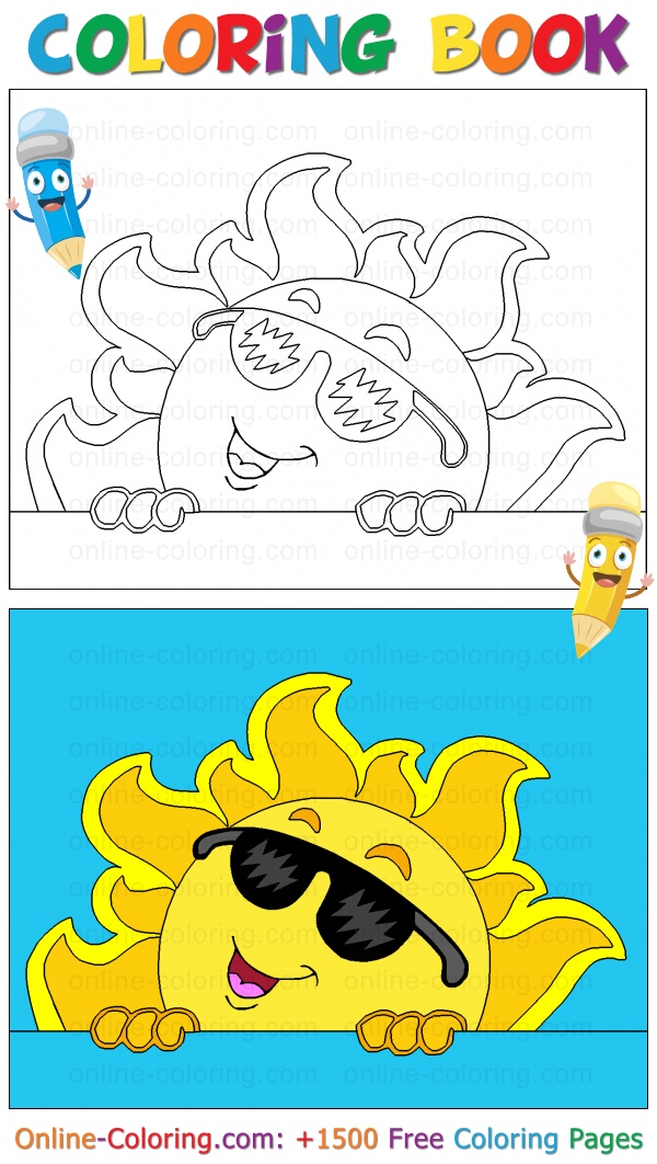 Sun with sunglasses free online coloring page