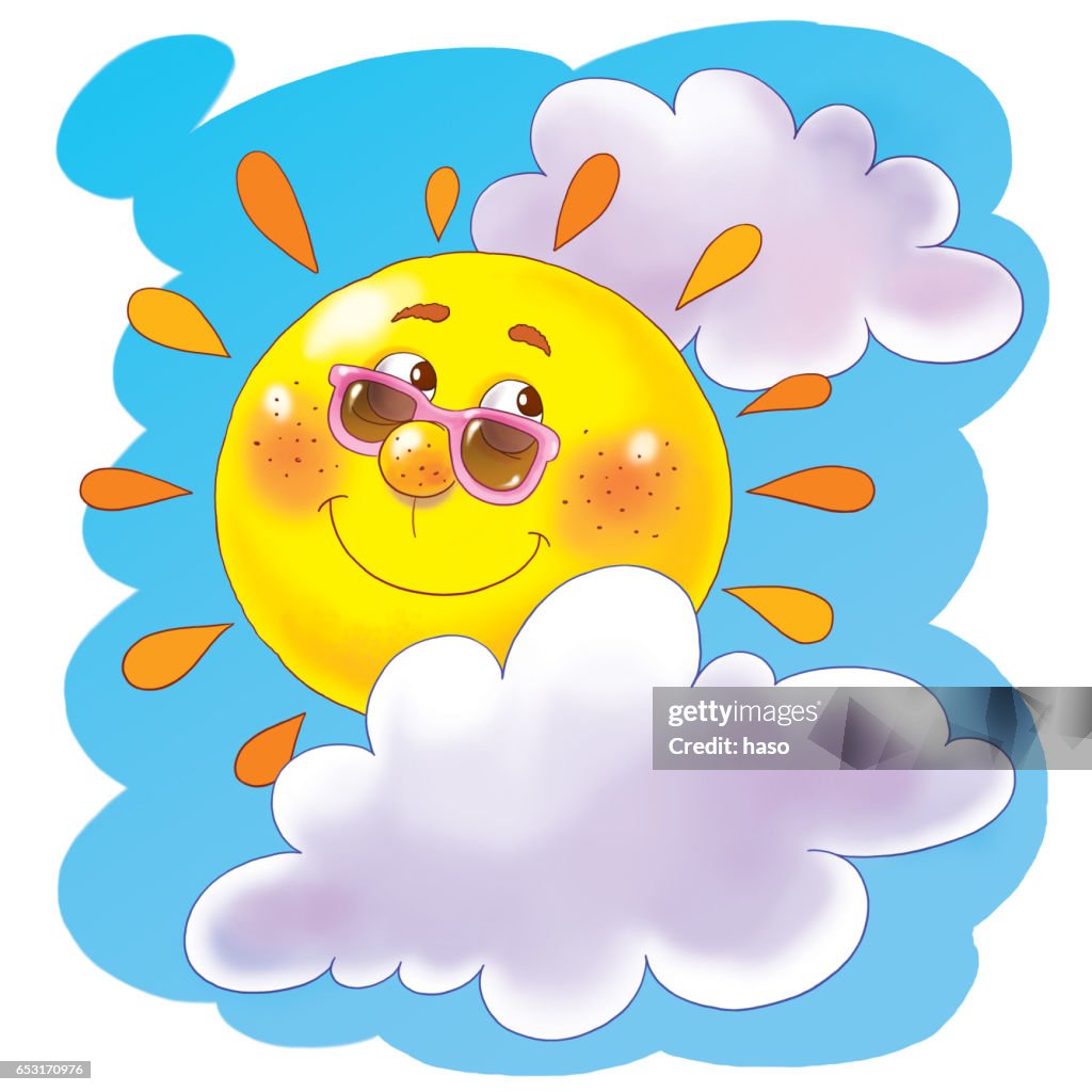 Cute sun wearing sunglasses illustration for children coloring page funny cartoon characters high