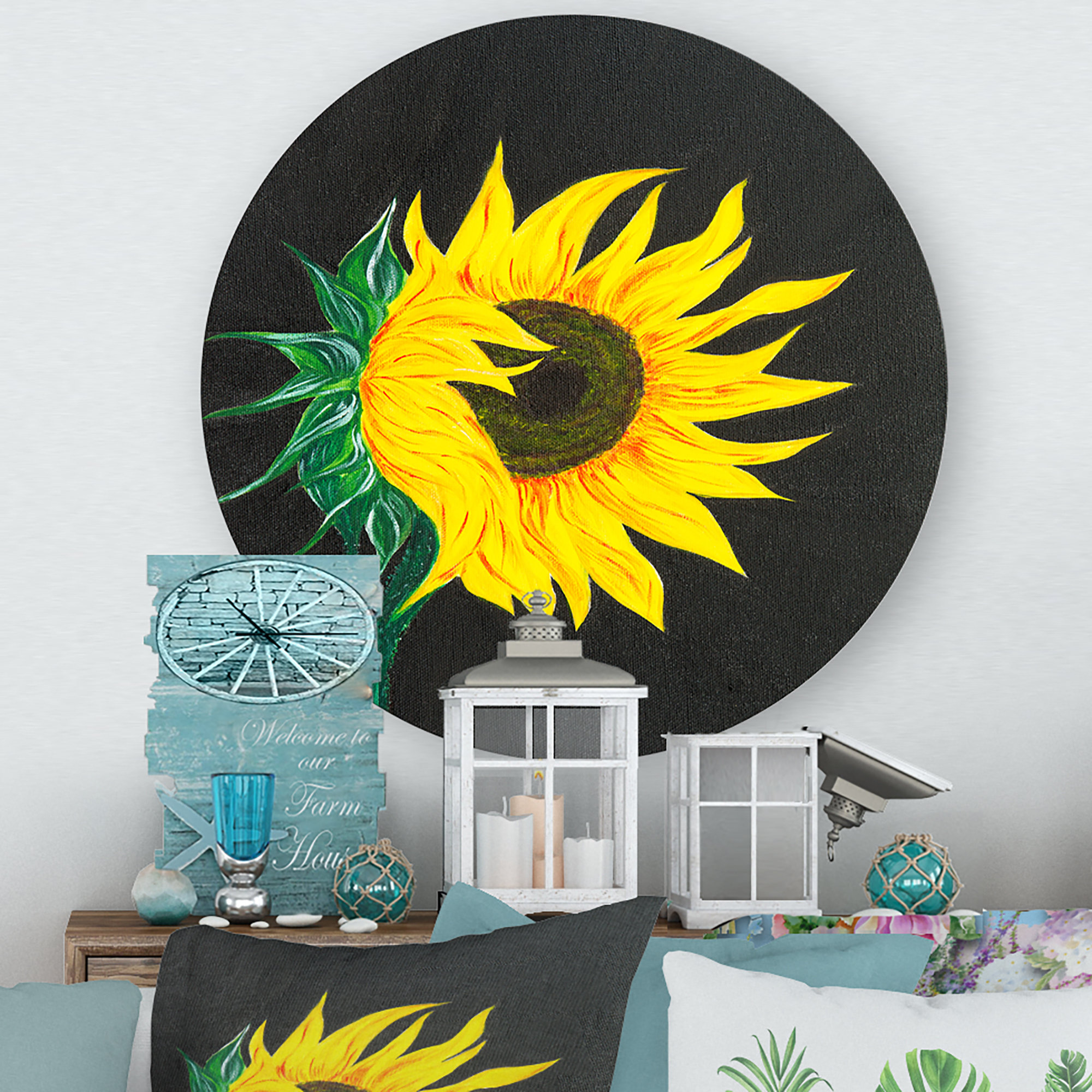 Bless international sunflower on black on metal painting