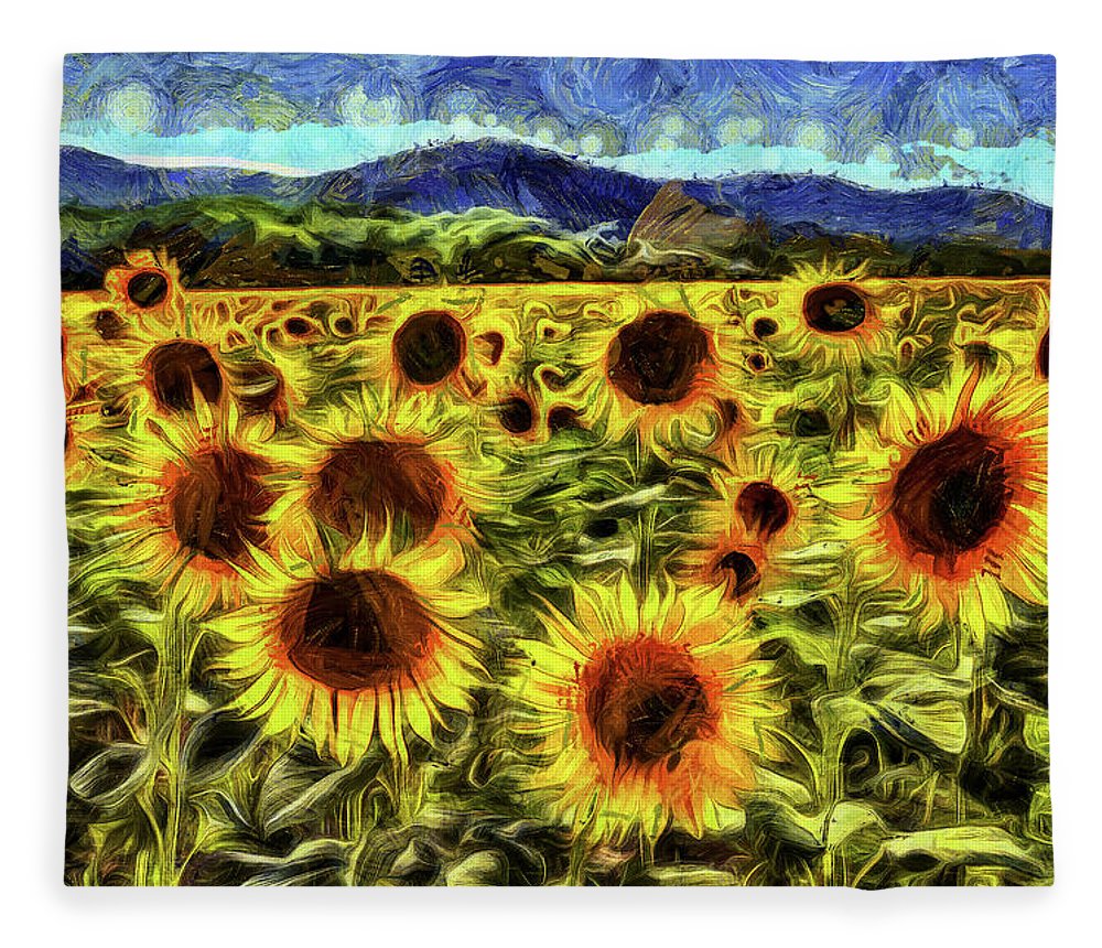 Sunflower field van gogh fleece blanket by david pyatt