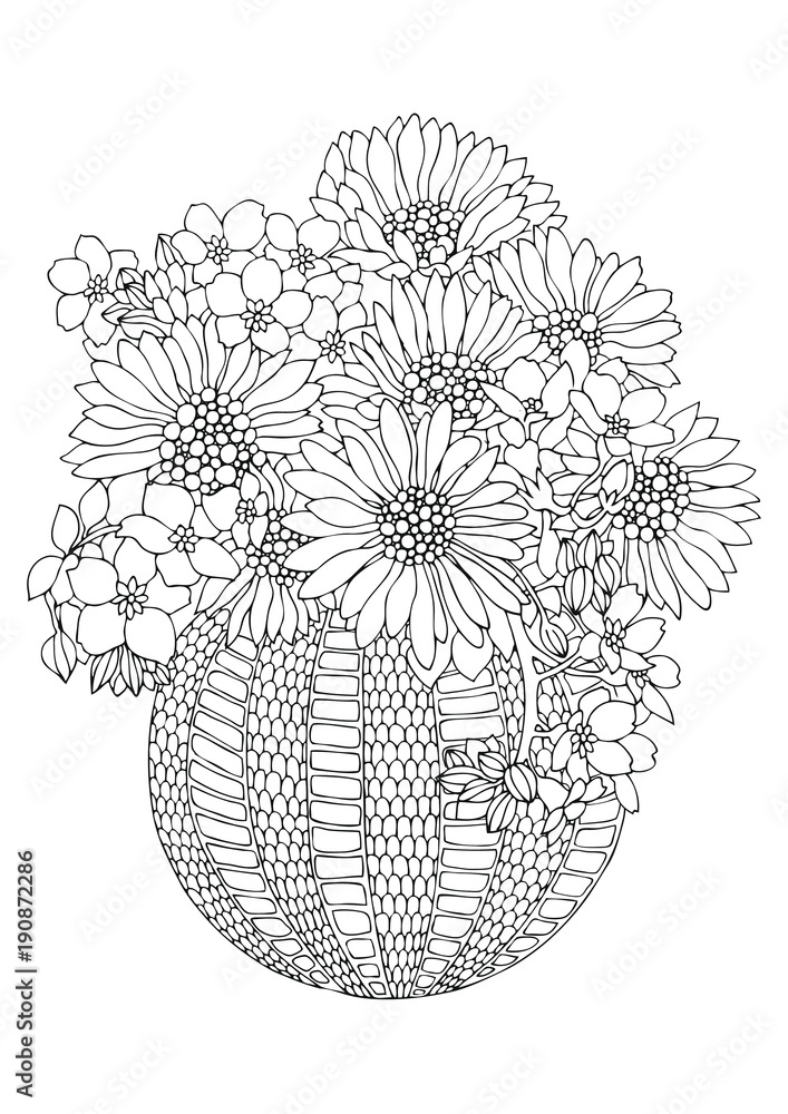 Hand drawn bouquet with sunflowers sketch for anti