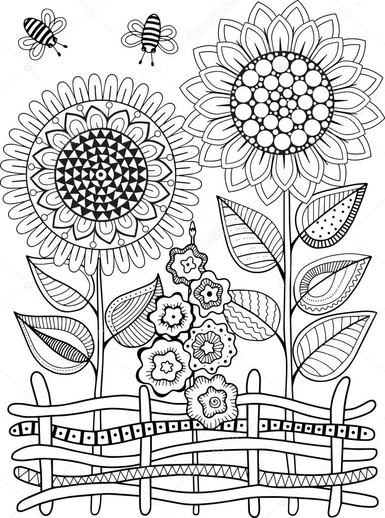 Vector doodle sunflowers coloring book for adult summer flowers flowerbed stock vector by natasha