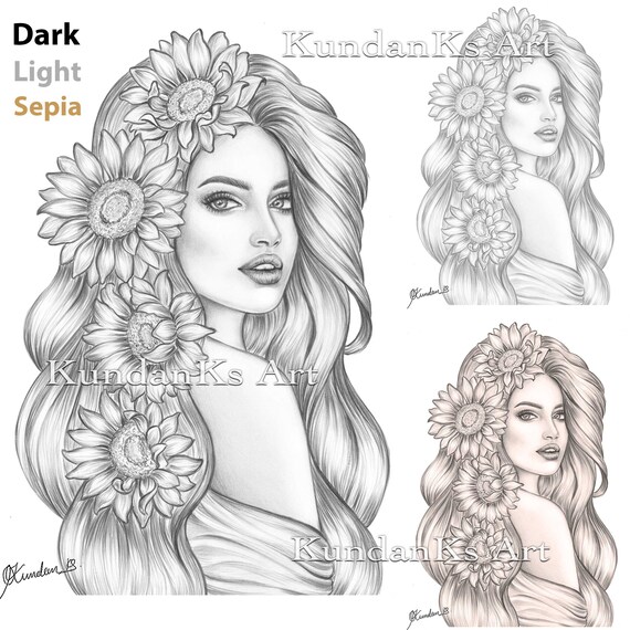 Buy sunflower adult coloring page portrait coloring grayscale online in india