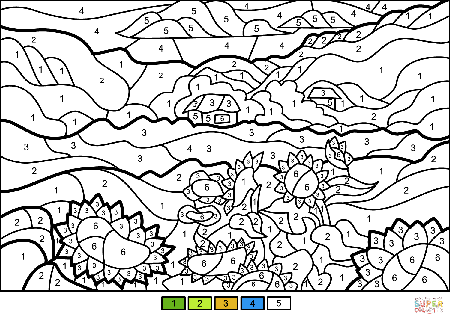 Sunflowers color by number free printable coloring pages