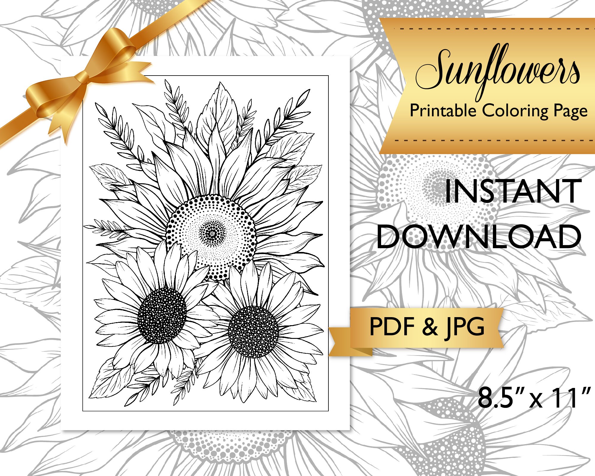 Printable adult coloring page flower coloring page for adults sunflowers coloring page pdf coloring at home meditative coloring digital