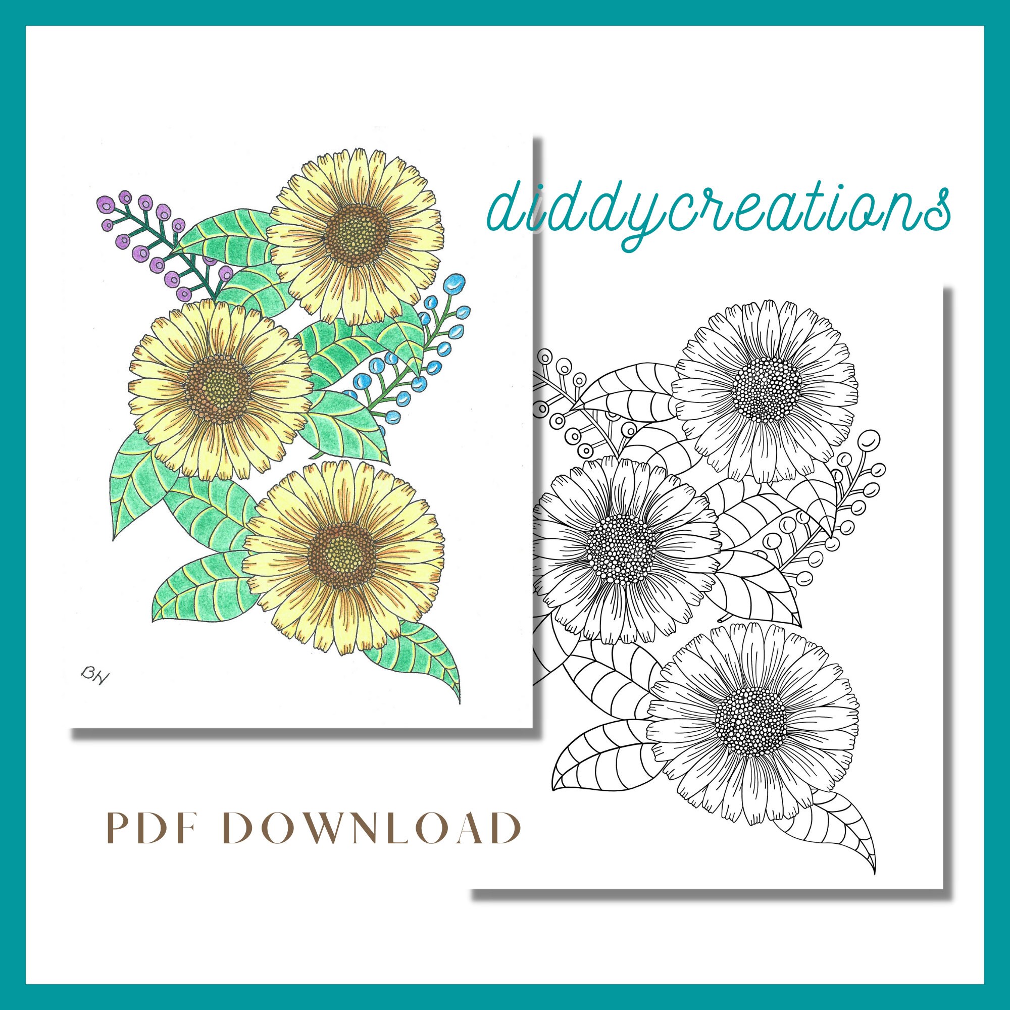 Sunflower coloring page printable adult coloring page digital download x