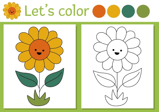 Premium vector on the farm coloring page for children with sunflower vector rural country outline illustration with cute sun flower color book for kids with colored example drawing skills printable worksheetxa