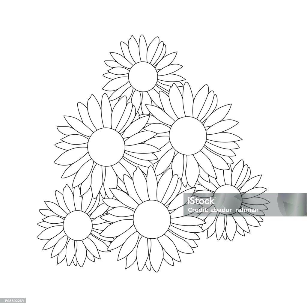 Illustration of a bouquet of sunflowers worksheet for coloring book for children and adults stock illustration