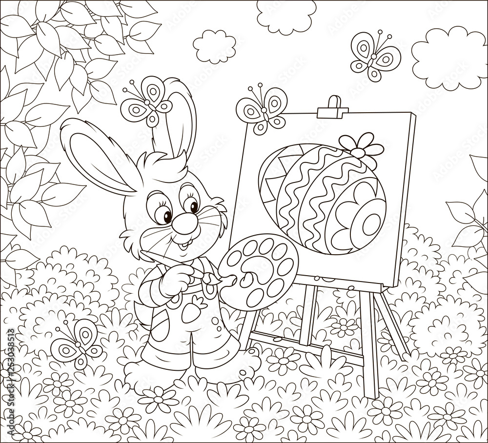 Little bunny drawing a decorated easter egg on its canvas among flowers on a sunny spring day black and white vector illustration in a cartoon style for a coloring book vector