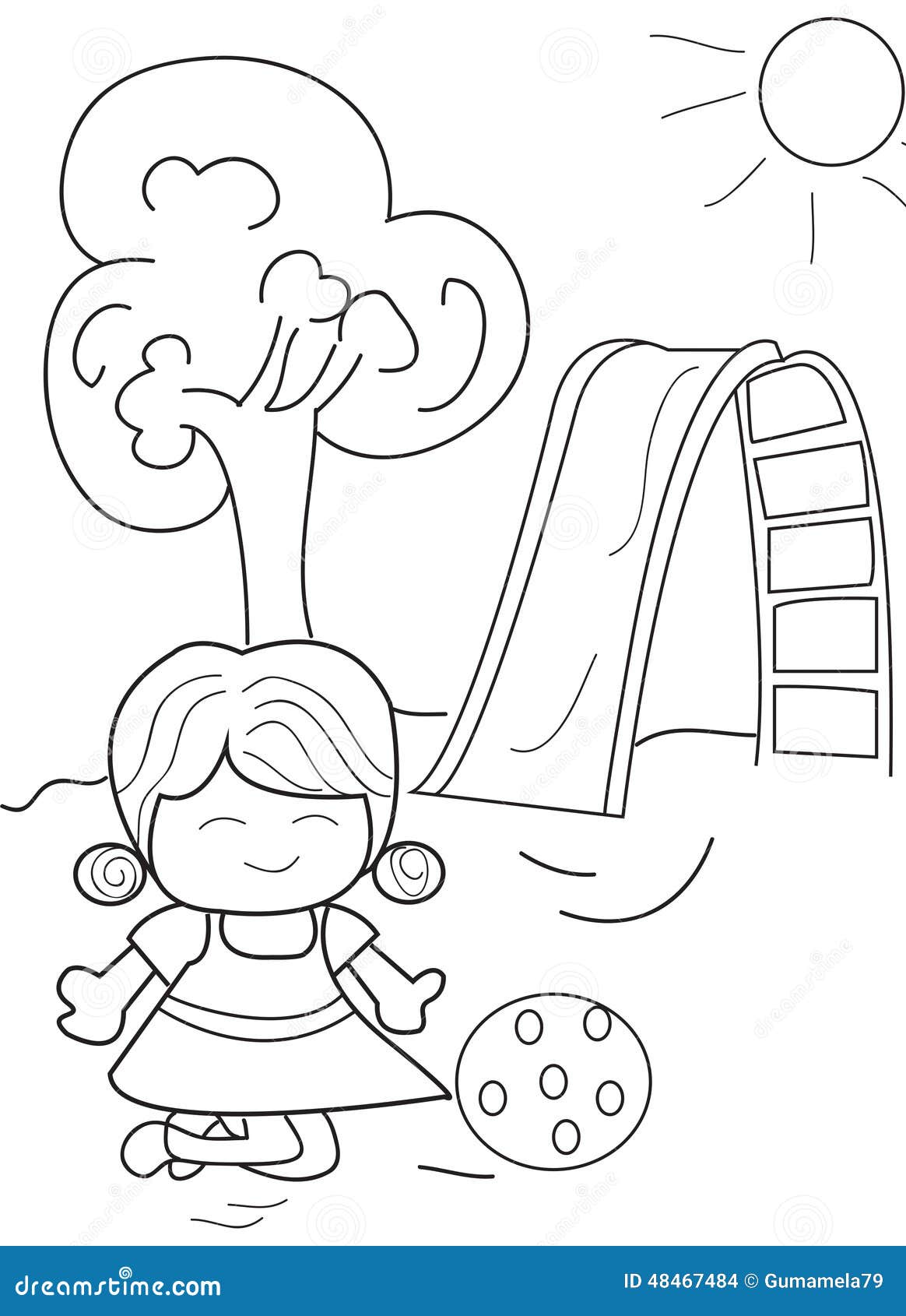 Hand drawn coloring page of a girl playing ball stock illustration