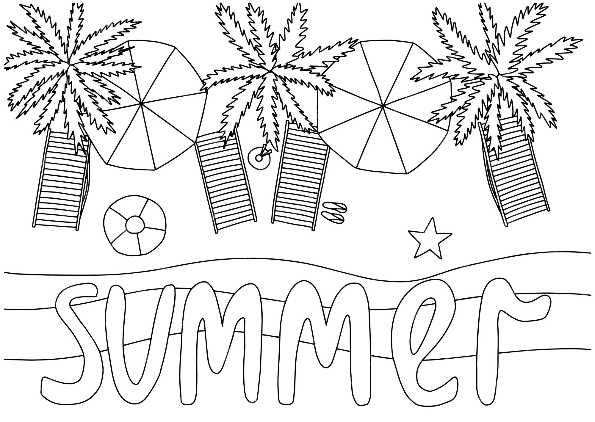 Premium vector summer beach coloring page top view vector hand drawn sunny beach top view with palms umbrellas and chaise lounges summer lettering coloring book for children and adults