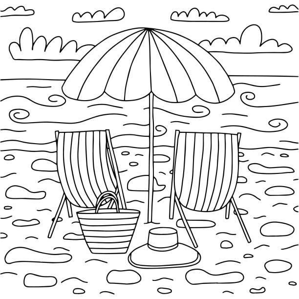 Coloring page with sunny beach stock illustration