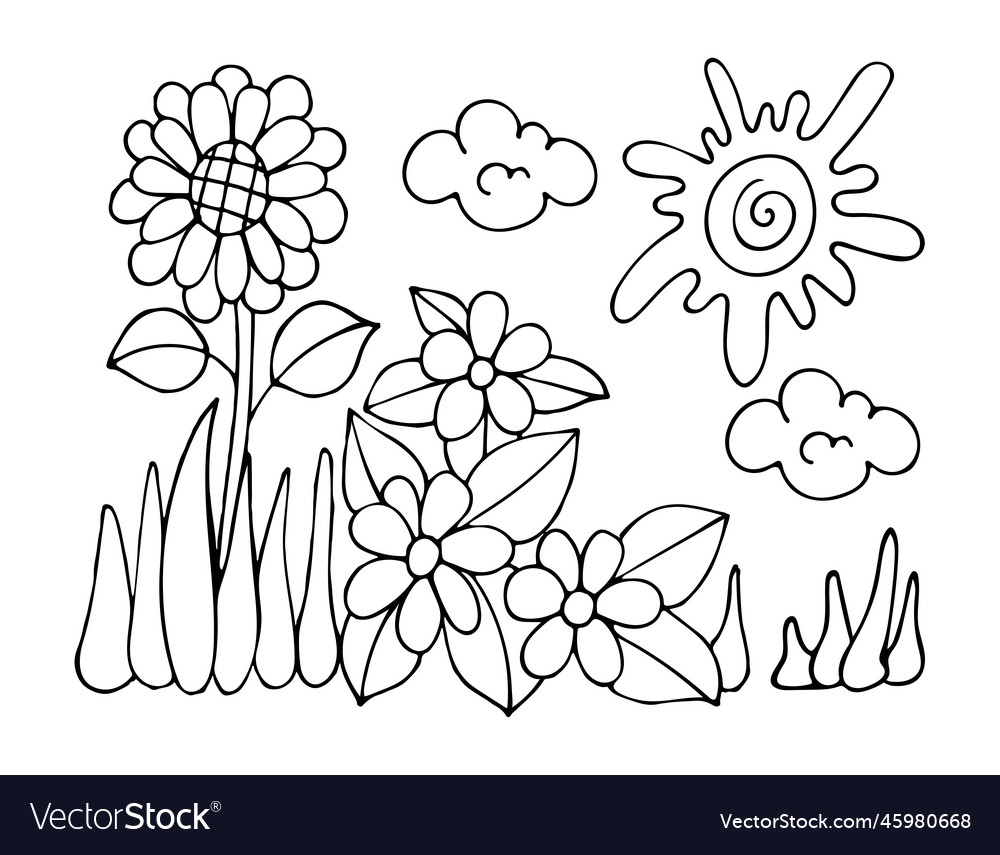 Sunflower landscape coloring page on a sunny vector image