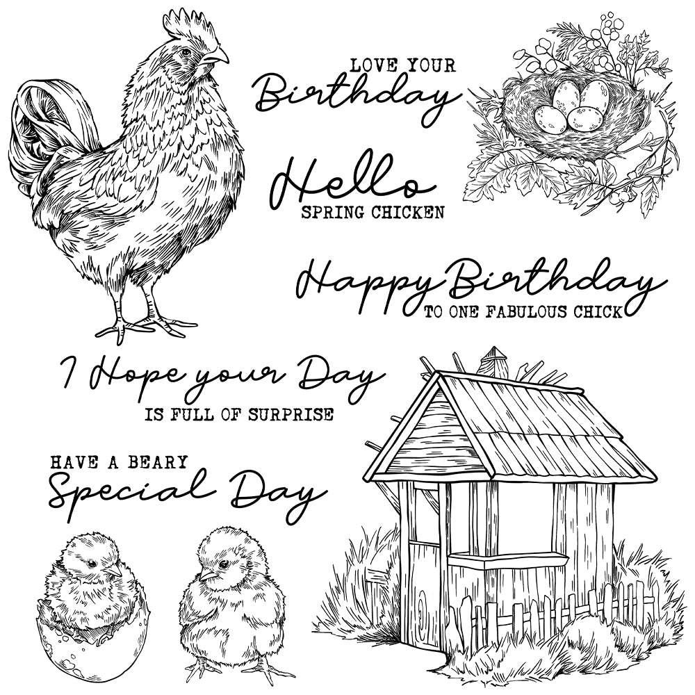 Cock chick and eggs vintage clear stamp yx â