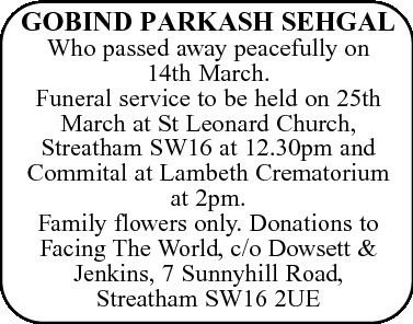 Gobina sehgal obituary