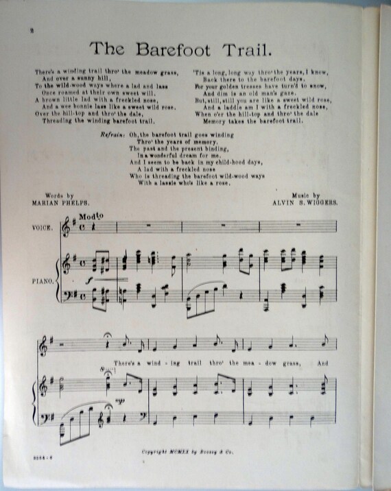 The barefoot trail no in g antique sheet music by marian phelps and alvin s wiggers boosey co
