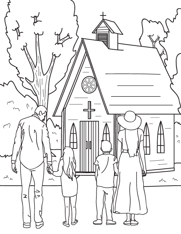 Free printable coloring page featuring a family going to church download it from httpsmuseprintablâ family coloring pages coloring pages coloring book pages