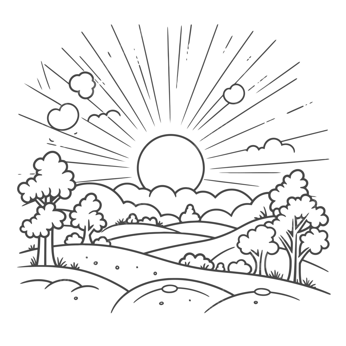The sun is shining in the hills coloring page outline sketch drawing vector sun drawing wing drawing hill drawing png and vector with transparent background for free download
